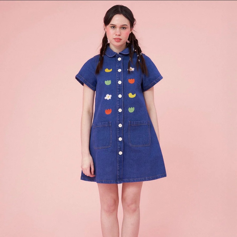 Sweet Blue Denim Mini Dress with cute Embroidery
